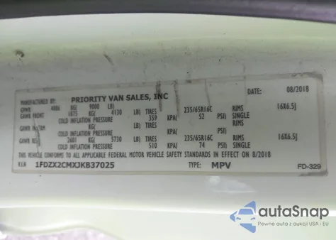 2018 Ford Transit-350 Xl из США, поврежденный, VIN 1FDZX2CMXJKB37025